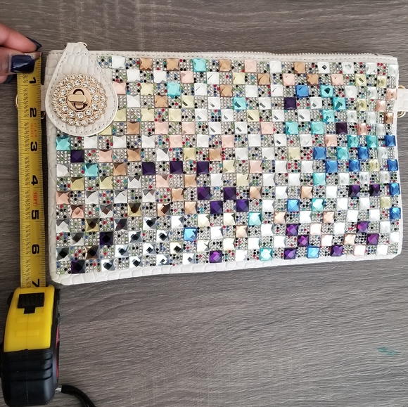 Colorful Jewel Studded Oversized Multi Funtional Clutch -White - Picture 5 of 16